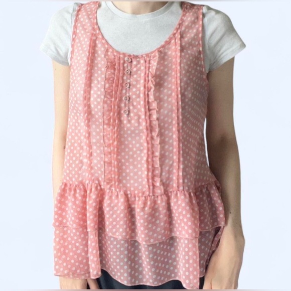 Costa Blanca Womens Pink White Polka Dot Ruffle Hem Button Up Blouse Medium - Picture 3 of 7